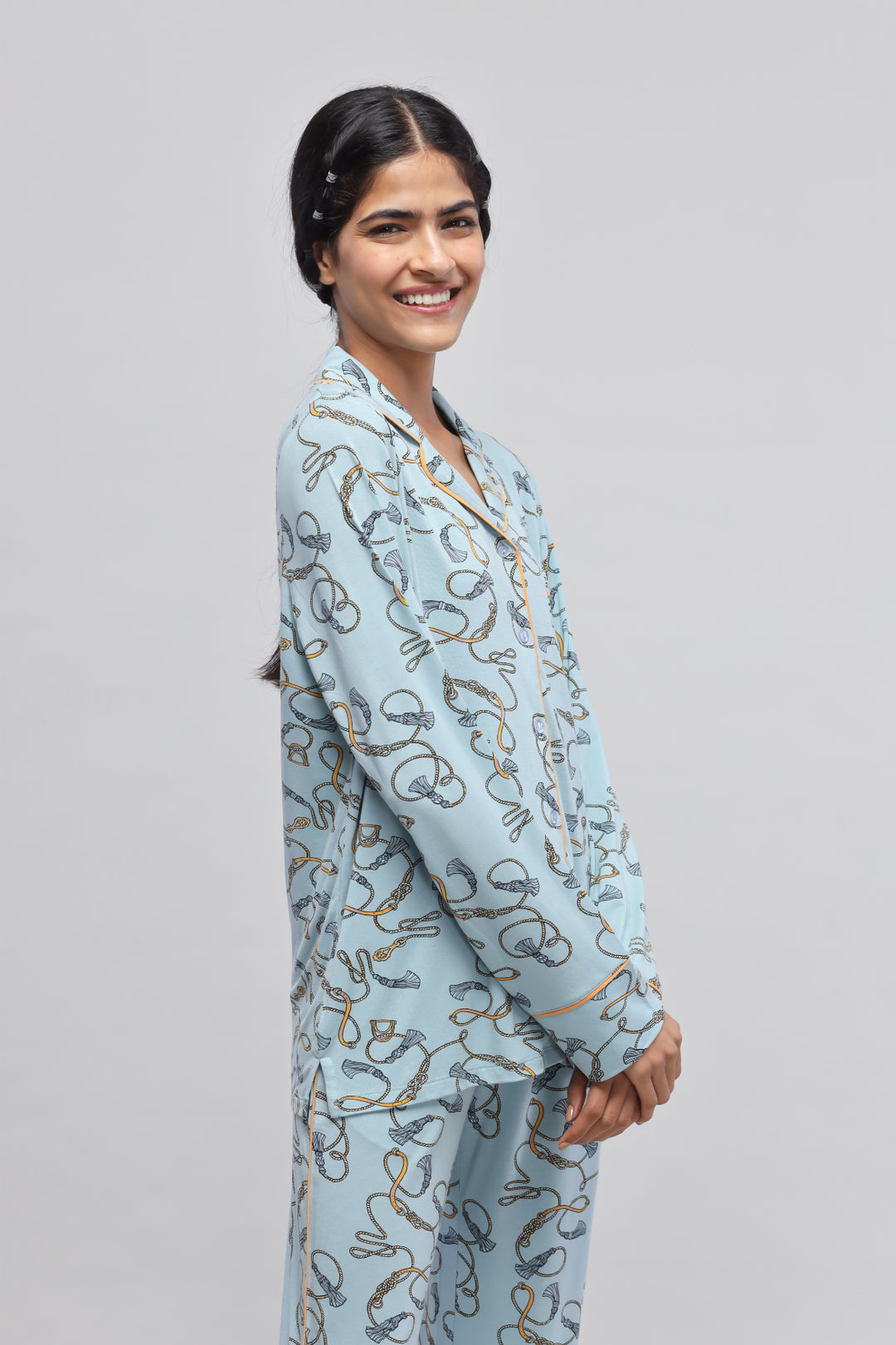 Rope print full sleeve shorts set model showcasing stylish pajama set.