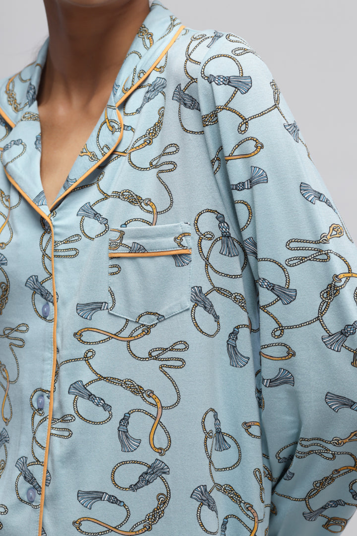 Rope printed full sleeve shorts set in light blue color.