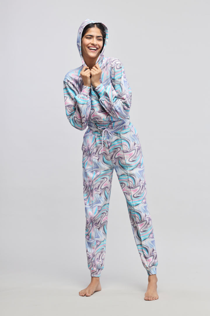 Colorful Fluid Hoodie Co-ord Set in a playful swirl design.