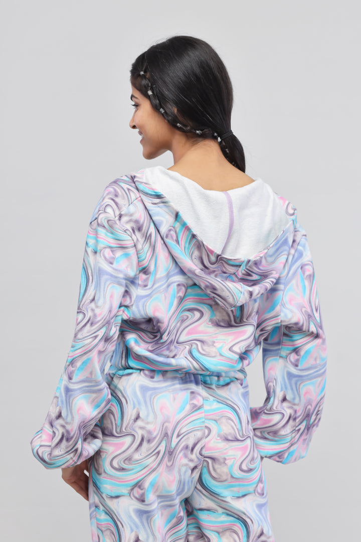 Colorful Fluid Terry Hoodie with swirled pattern and hoodie design.
