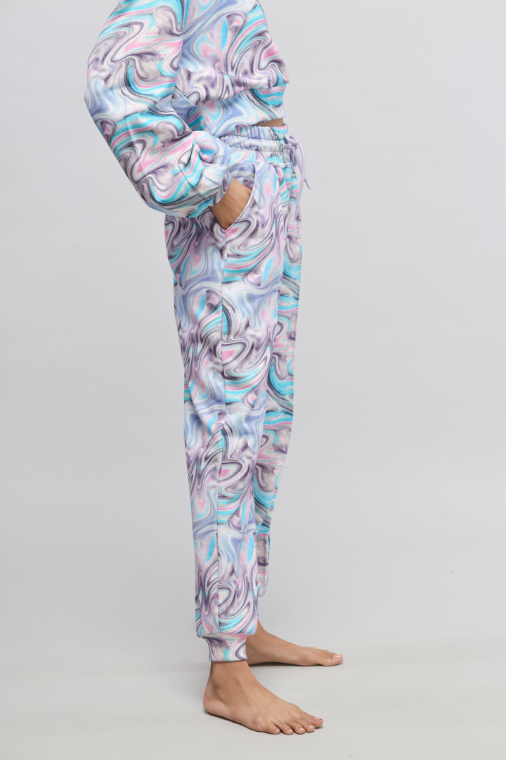 Fluid Terry Joggers in a colorful marble print, perfect for casual wear.