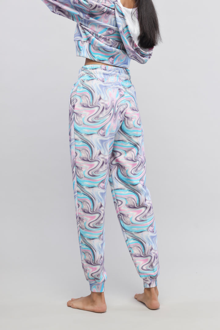 Fluid Terry Joggers in colorful swirl pattern, perfect for casual wear.
