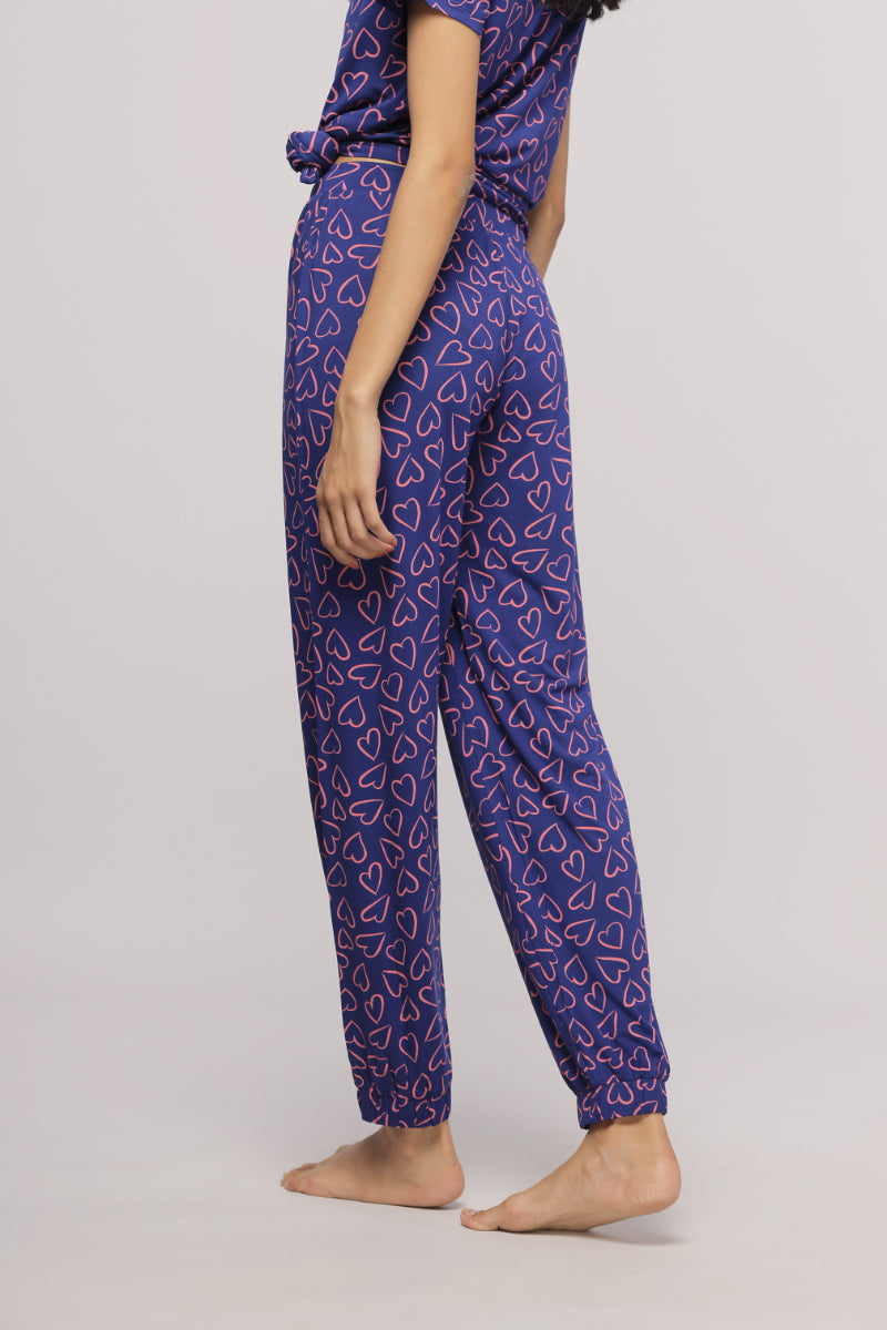 Blue heart pajama set with stylish, comfortable design for lounging.