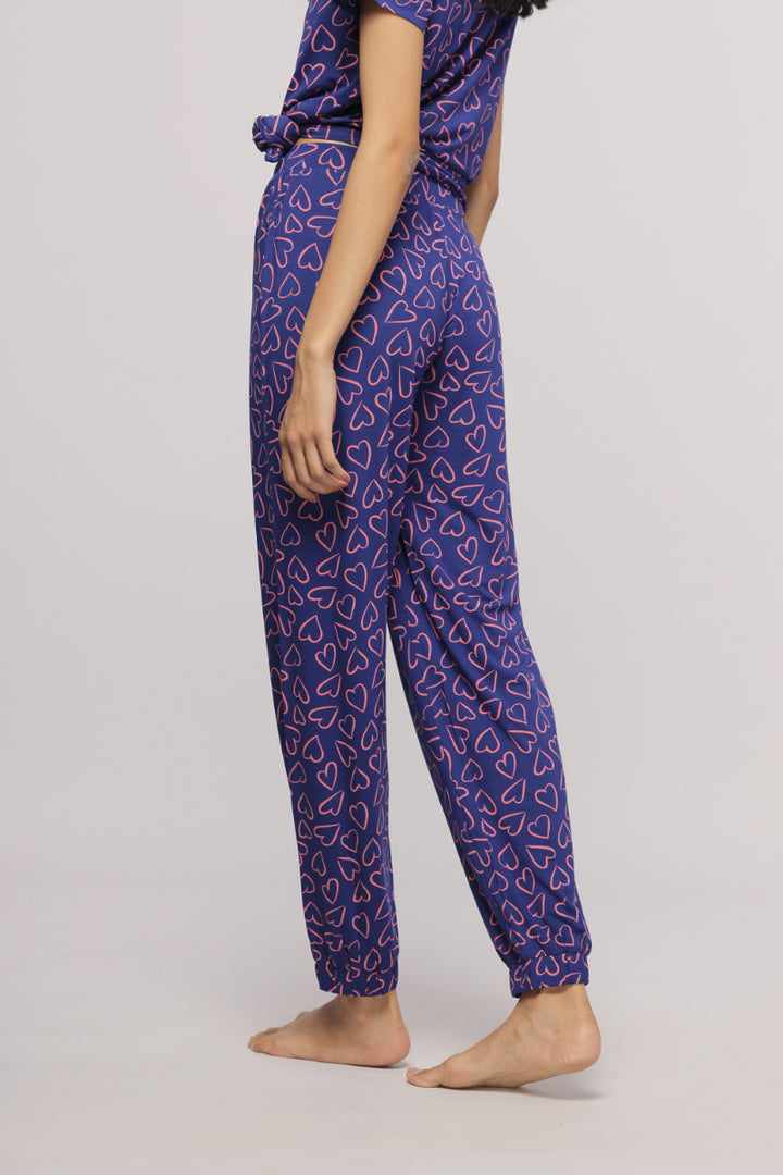 Blue heart pajama set with stylish, comfortable design for lounging.