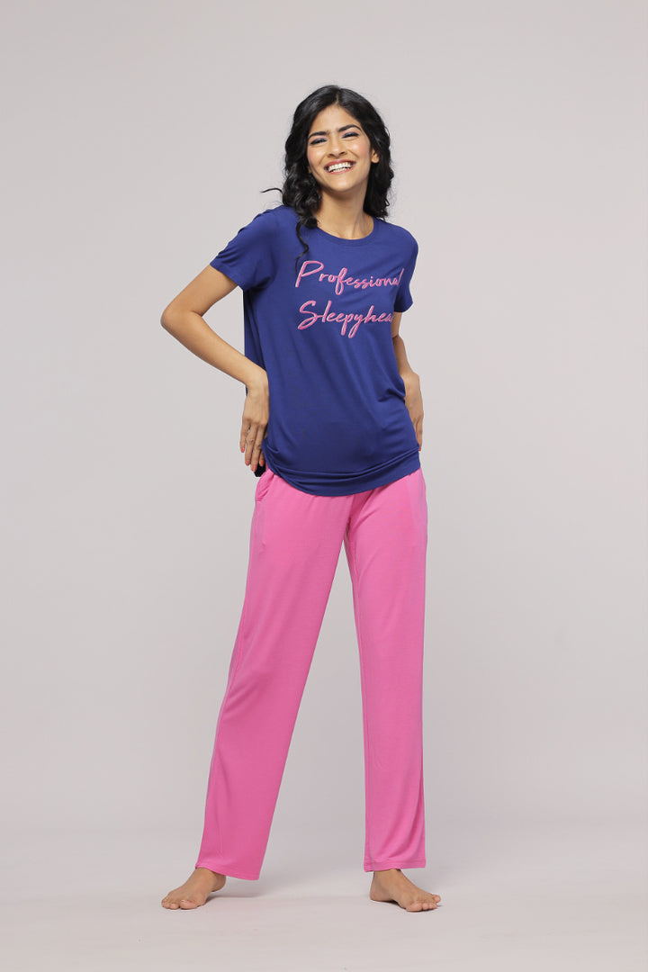 Professional Sleepyhead Straight Pajama Set in navy and pink.