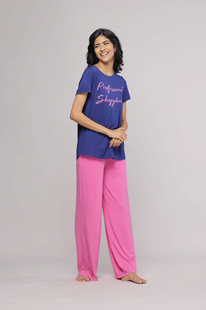 Professional Sleepyhead flared pajama set in vibrant pink and blue.