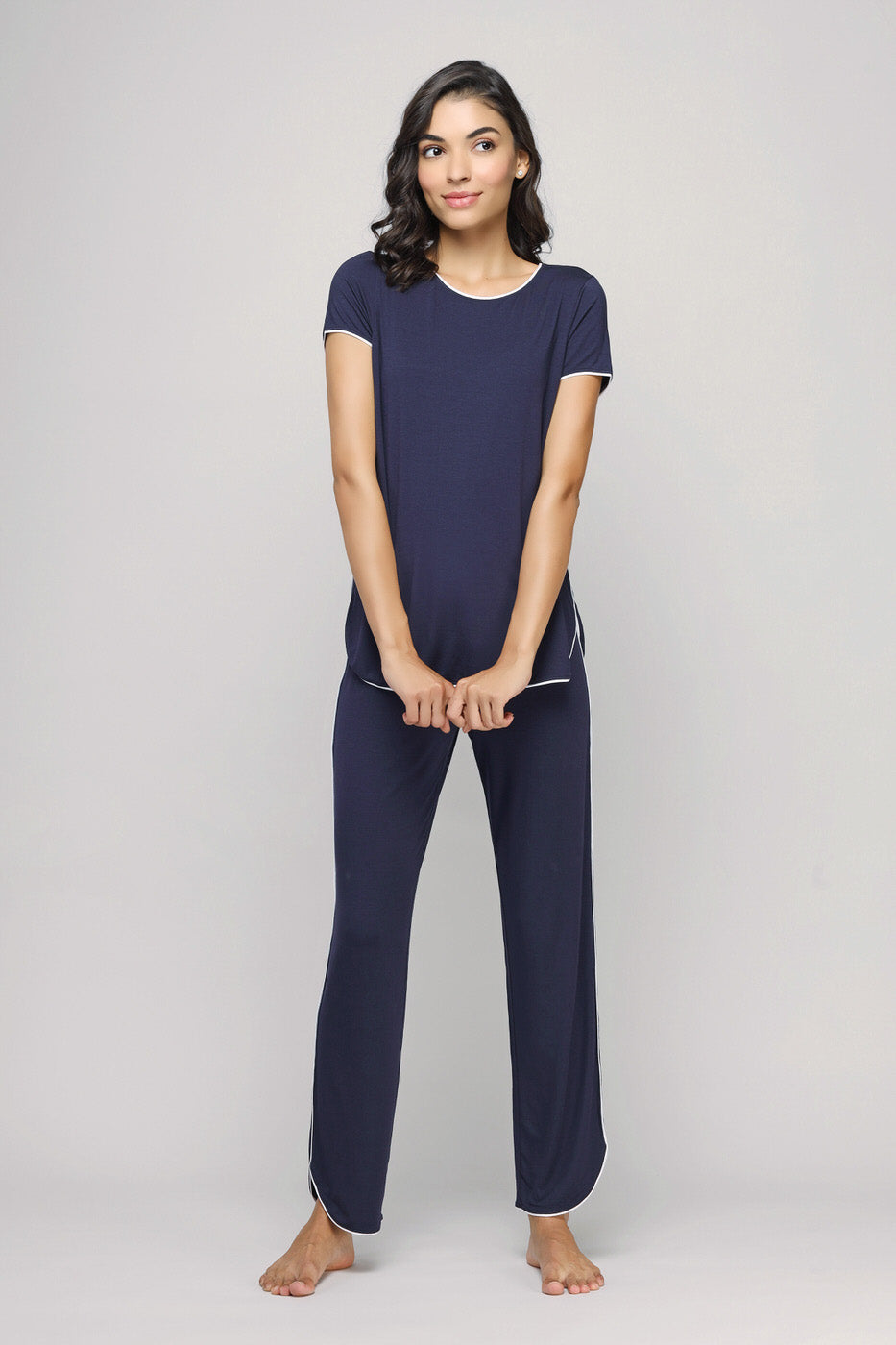 Love Sleep Piping Pajamas Set in navy blue for comfortable nights.