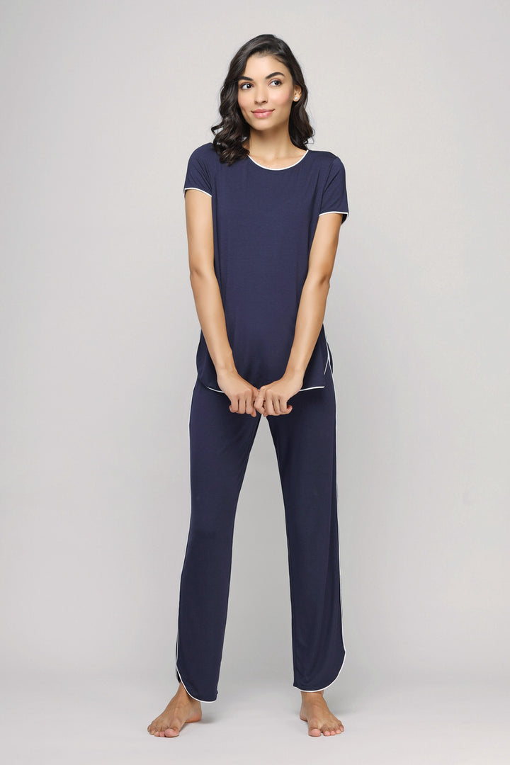 Love Sleep Piping Pajamas Set in navy blue for comfortable nights.