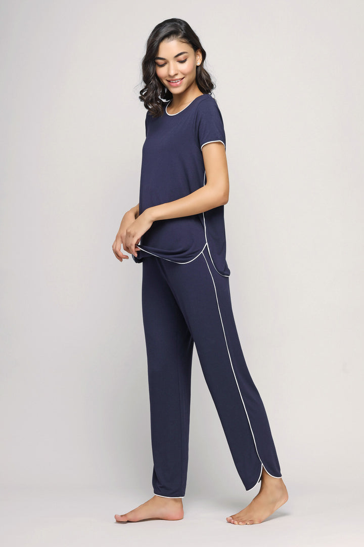 Love Sleep Piping Pajamas Set in navy blue for ultimate comfort.
