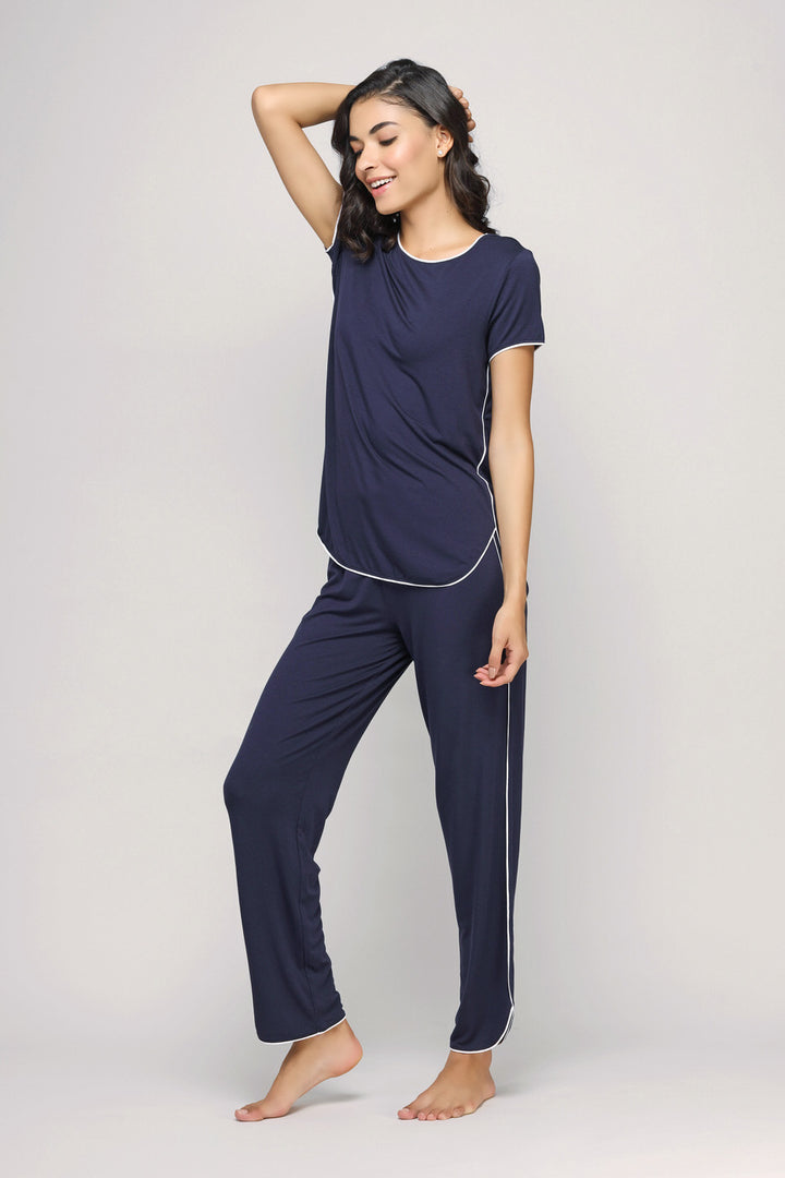 Love Sleep Piping Pajamas Set in navy, stylish and comfortable for lounging.
