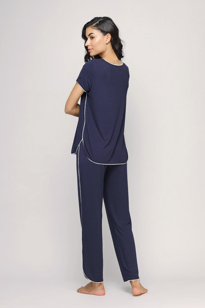 Navy blue Love Sleep Piping Pajamas Set for women, stylish and comfortable.