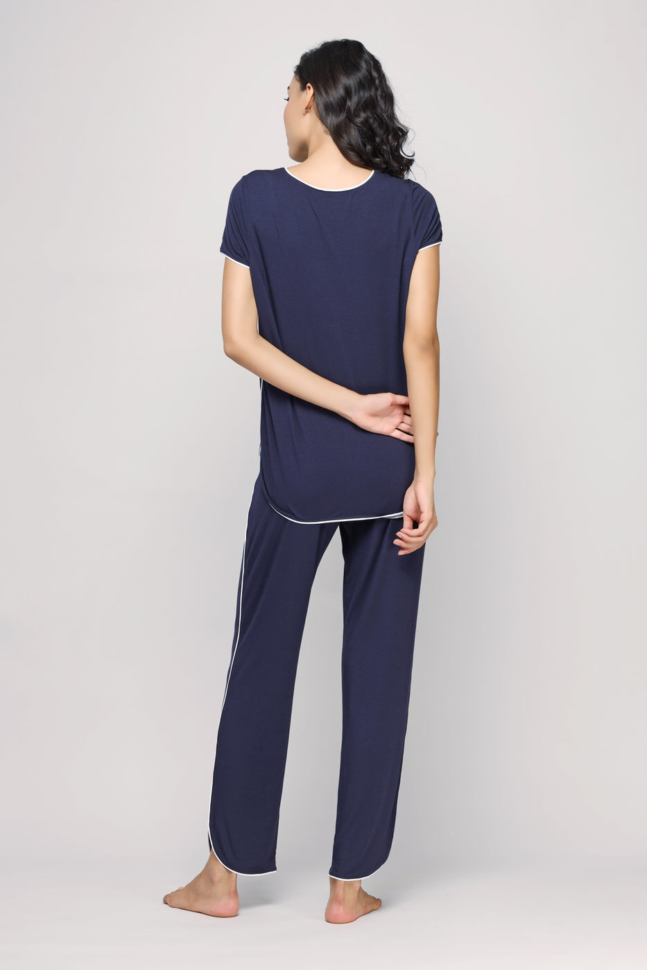 Love Sleep Piping Pajamas Set, navy blue, view from the back.