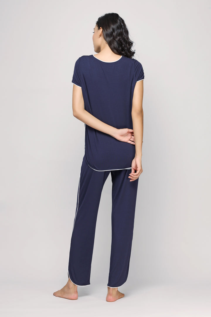 Love Sleep Piping Pajamas Set, navy blue, view from the back.