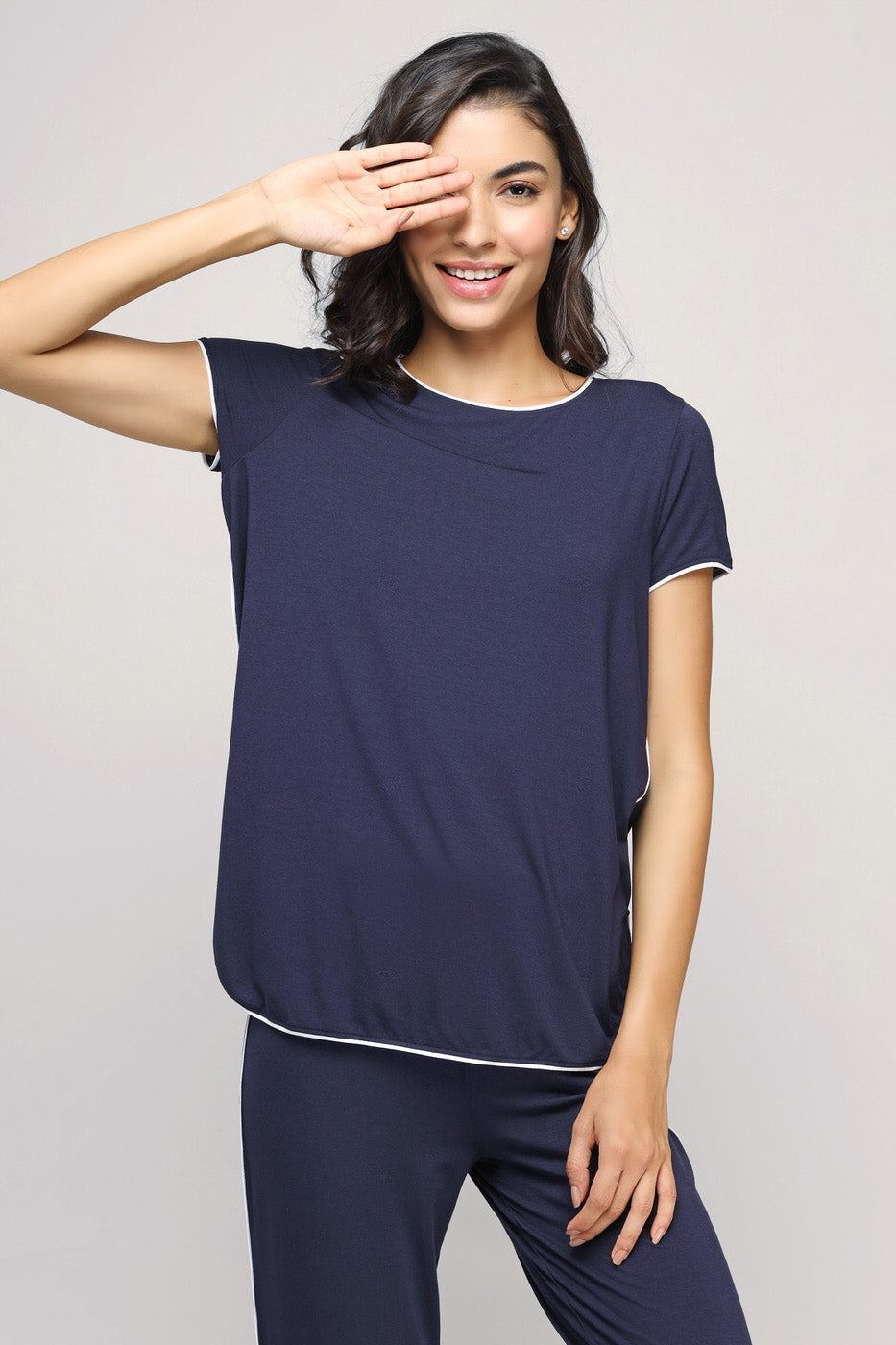 Love Sleep Piping Pajamas Set in stylish navy with white trim.