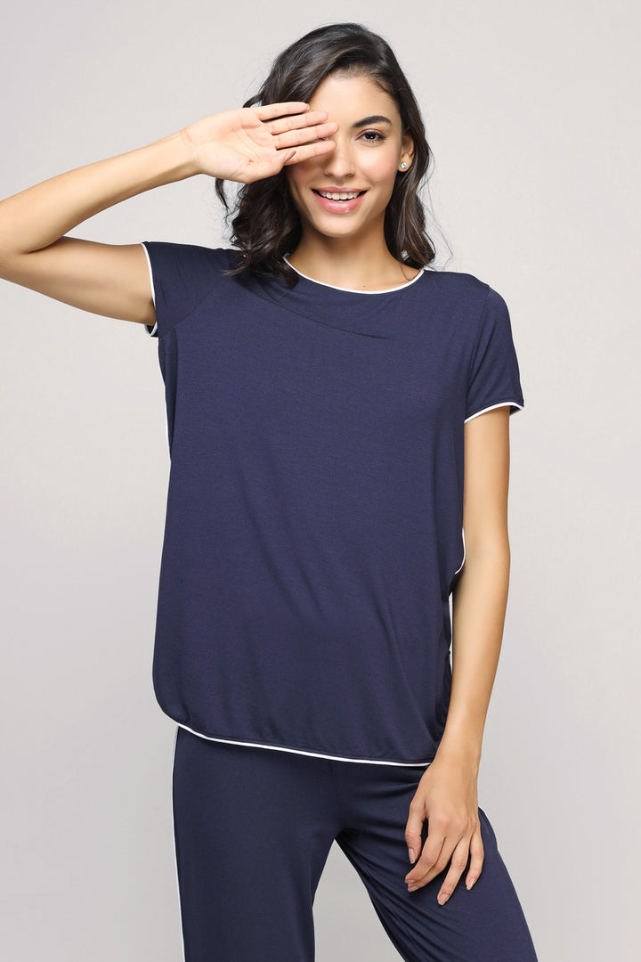 Love Sleep Piping Pajamas Set in stylish navy with white trim.