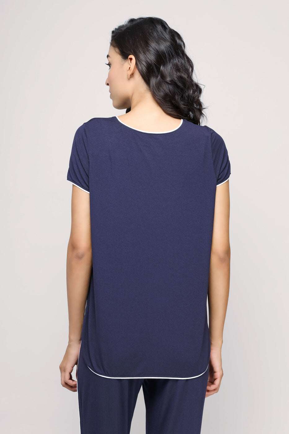 Back view of the Love Sleep Piping Top in navy blue.