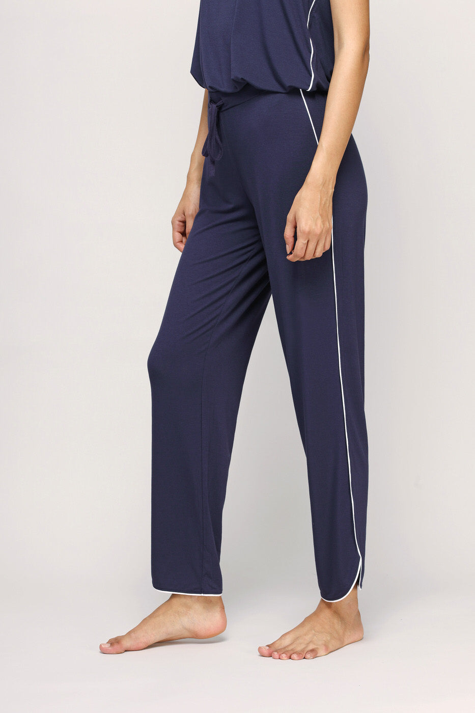 Love Sleep Piping Pajamas Set in navy blue, comfortable and stylish.