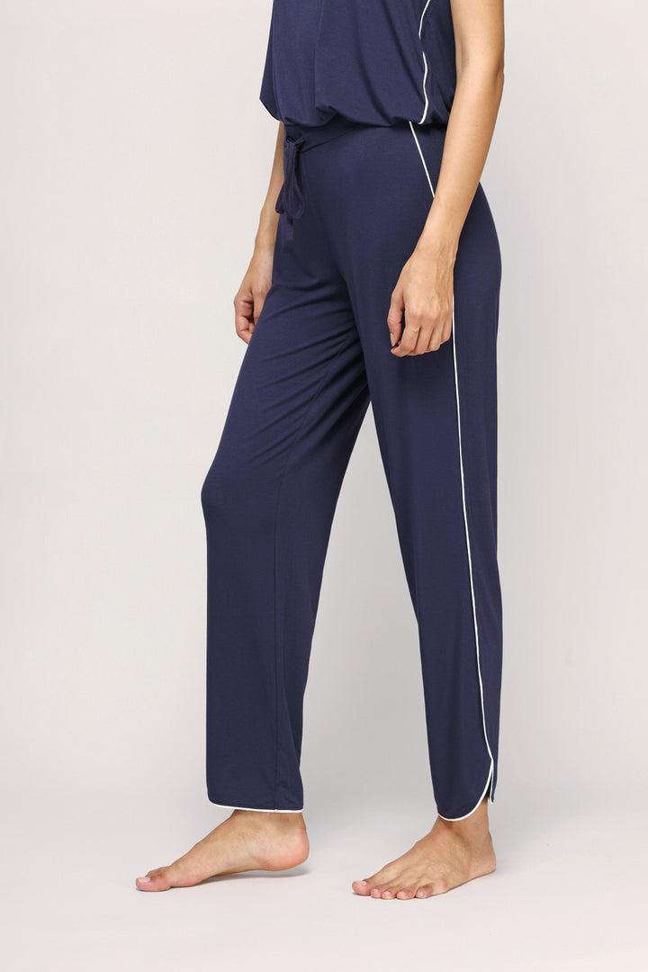 Love Sleep Piping Pajamas Set in navy blue, comfortable and stylish.