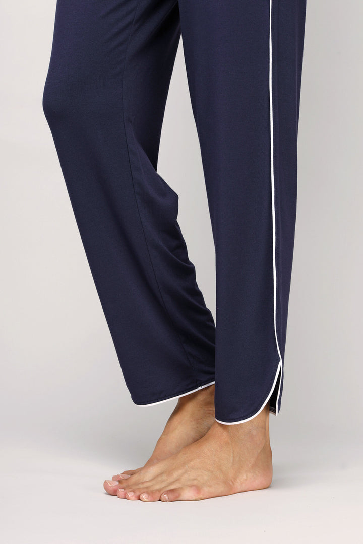 Love Sleep Piping Pajamas Set with comfortable navy pants and white detailing.