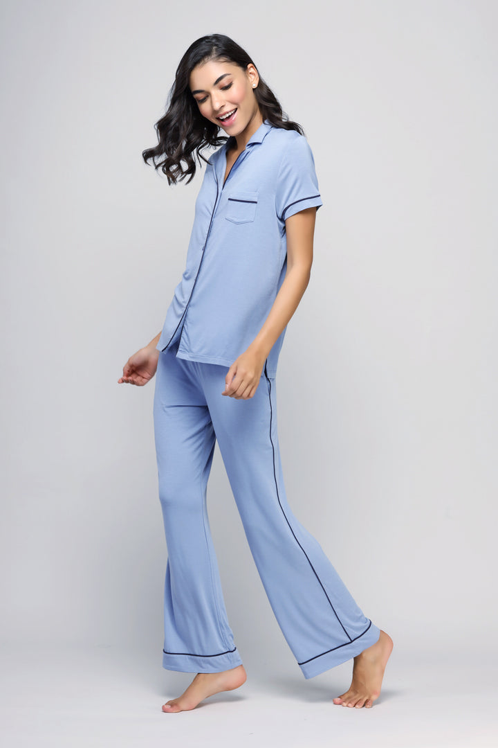 Classic blue flared pajamas set with stylish short sleeves and pocket.