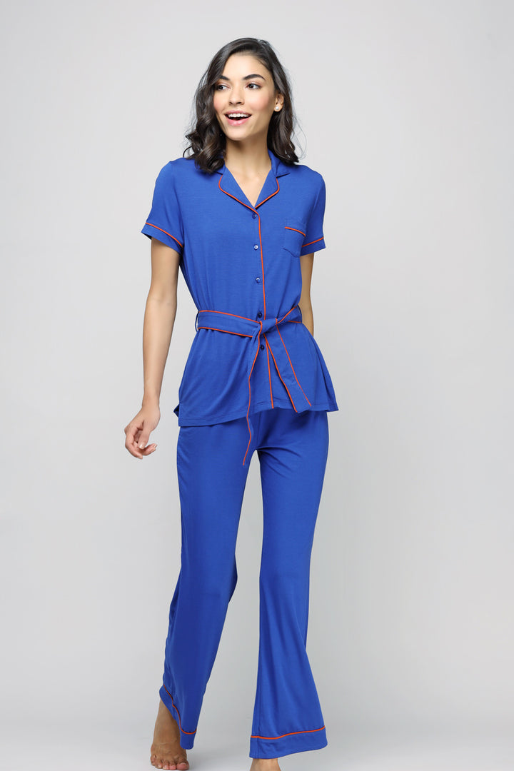 Perky blue flared pajamas set model showcasing stylish sleepwear.