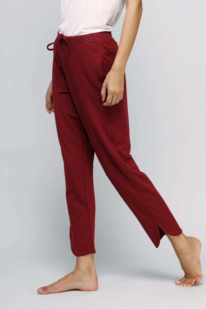 Energise Jogger Set: Comfortable maroon joggers with stylish side slits.