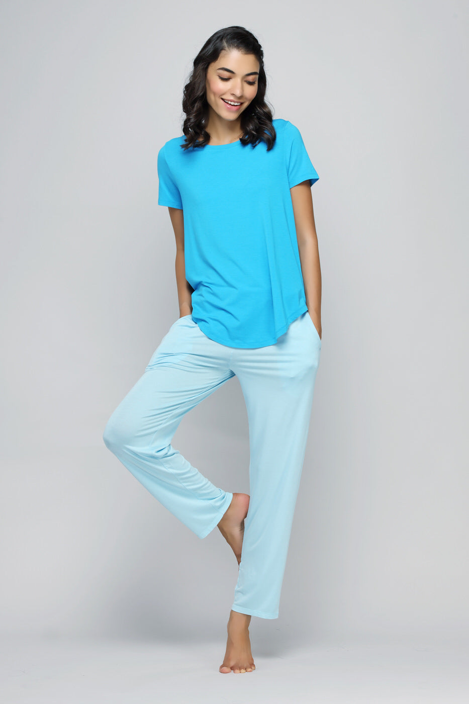 Effortless Blue Top with comfortable light blue pants for casual wear.