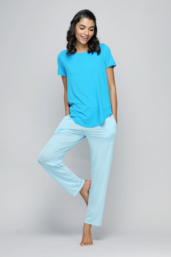 Effortless Blue Top with comfortable light blue pants for casual wear.