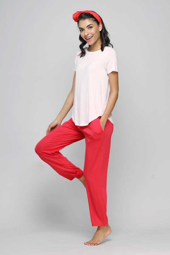 Stylish model wearing Love Red Straight Lounge Pant and casual top.