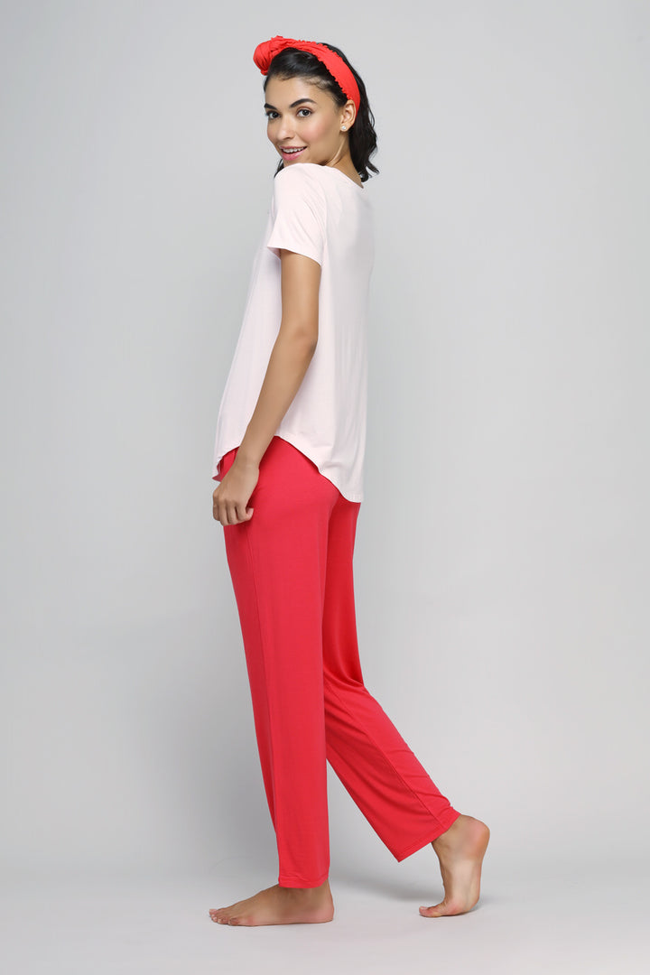 Love Red Straight Lounge Pant displayed on model in casual setting.