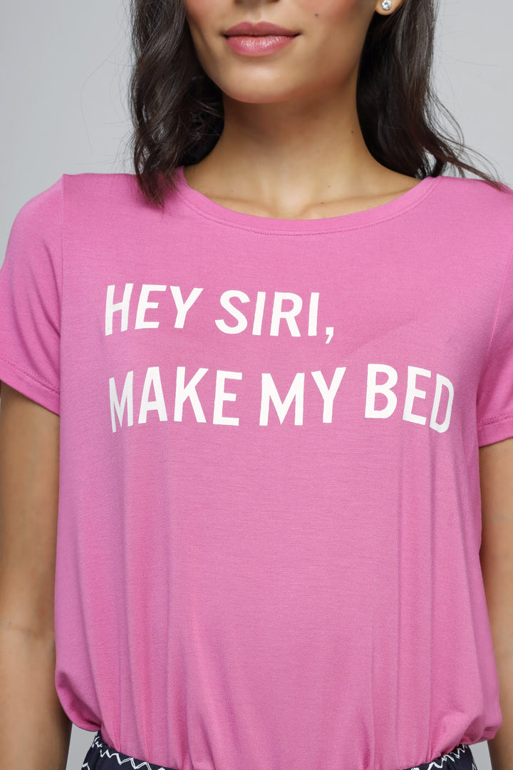 Pink "Hey Siri, Make My Bed" graphic t-shirt for fun casual wear.