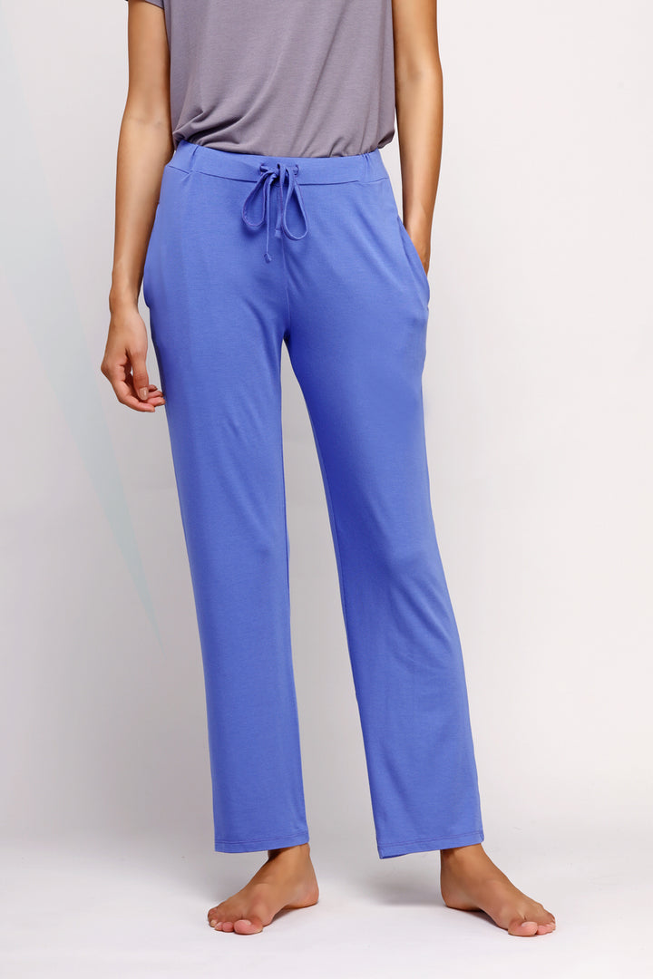 Relaxed blue straight lounge set for comfortable, casual wear.
