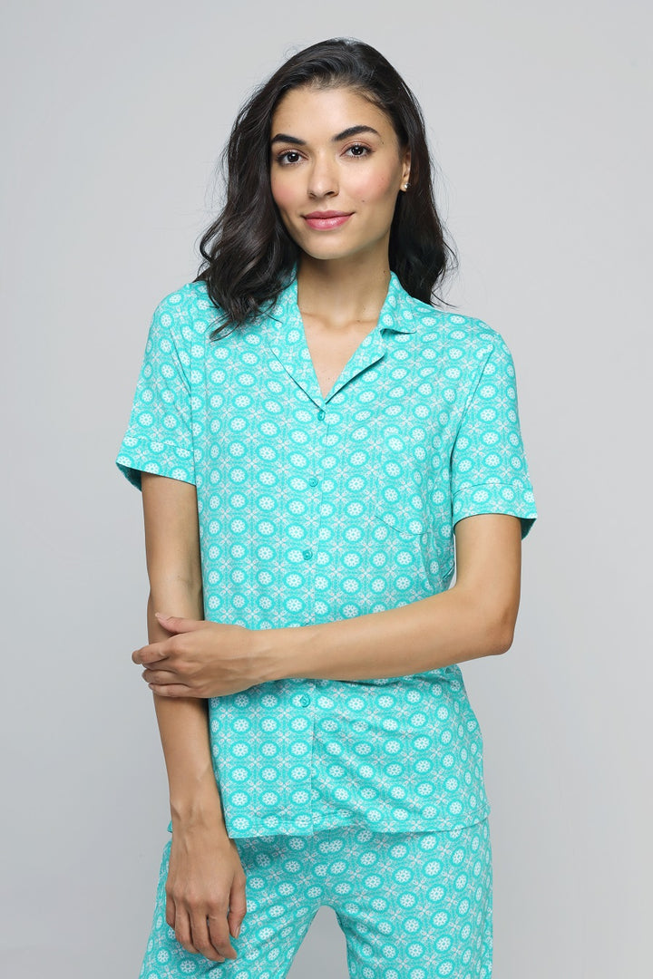 A night in Barcelona button-down pajama set in turquoise floral design.