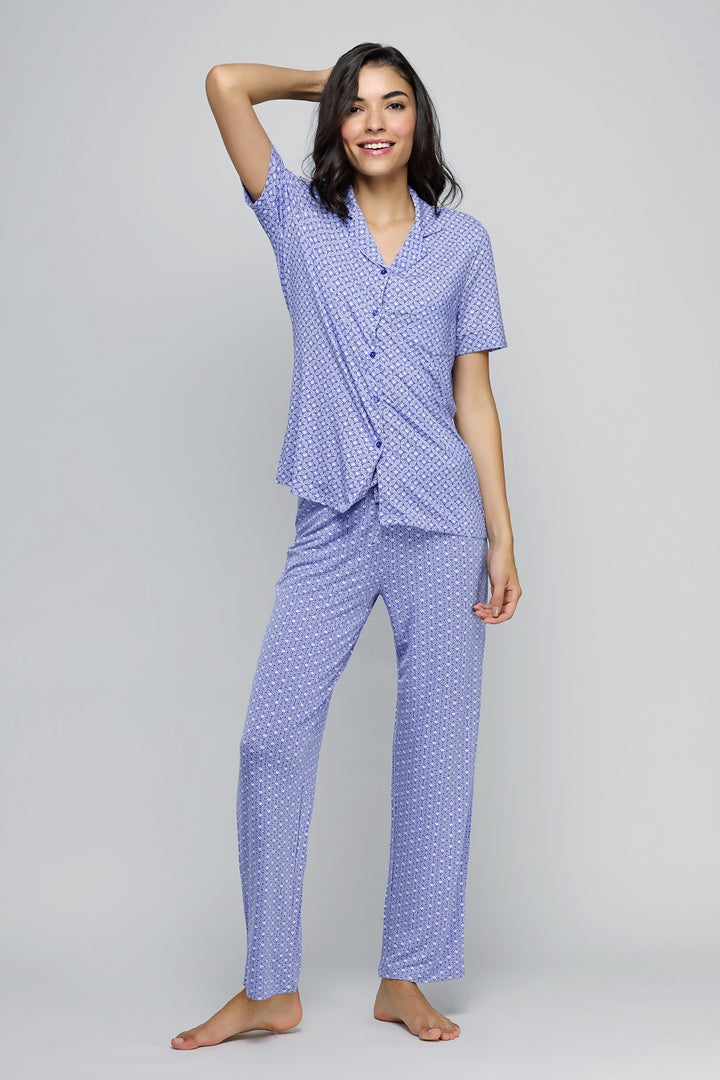 Floral mosaic button-down pajama set for women, stylish and comfortable.