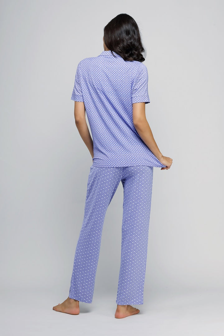 Floral mosaic button-down pajama set, stylish and comfortable women's sleepwear.