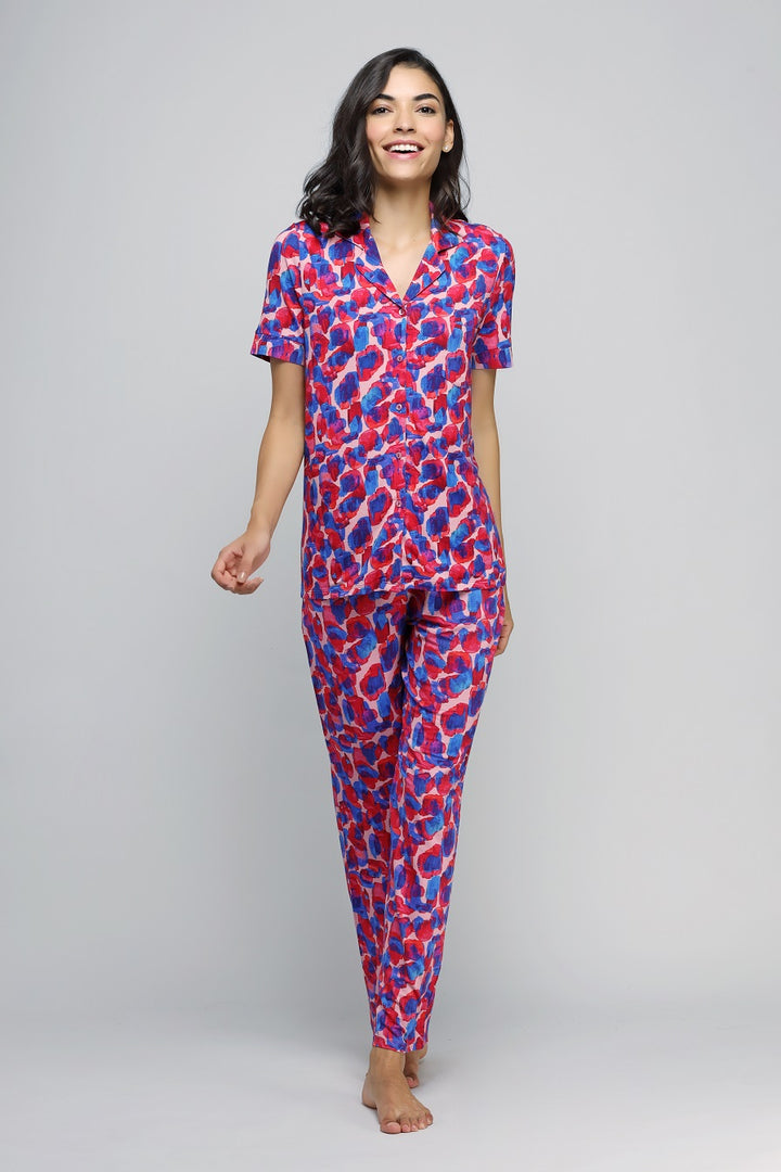 Artsy watercolor button down pajama set in vibrant colors for women.