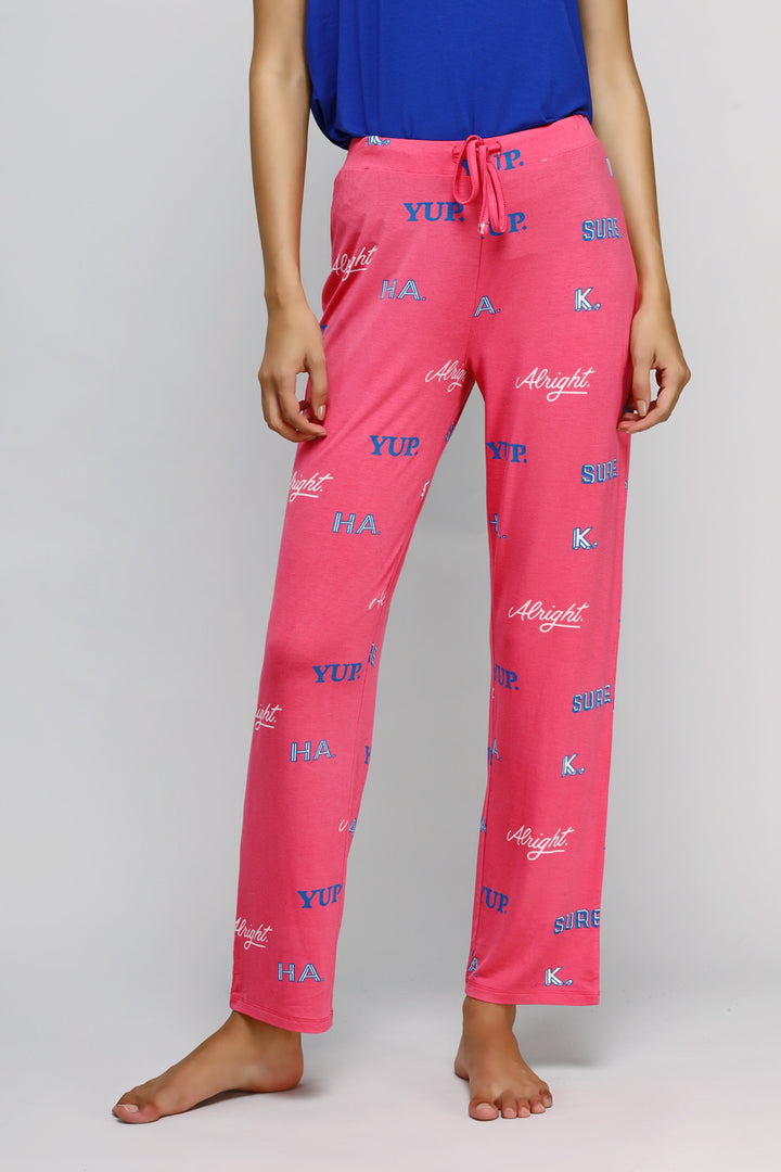 Sure Ok Pajama Set in vibrant pink with playful text designs.