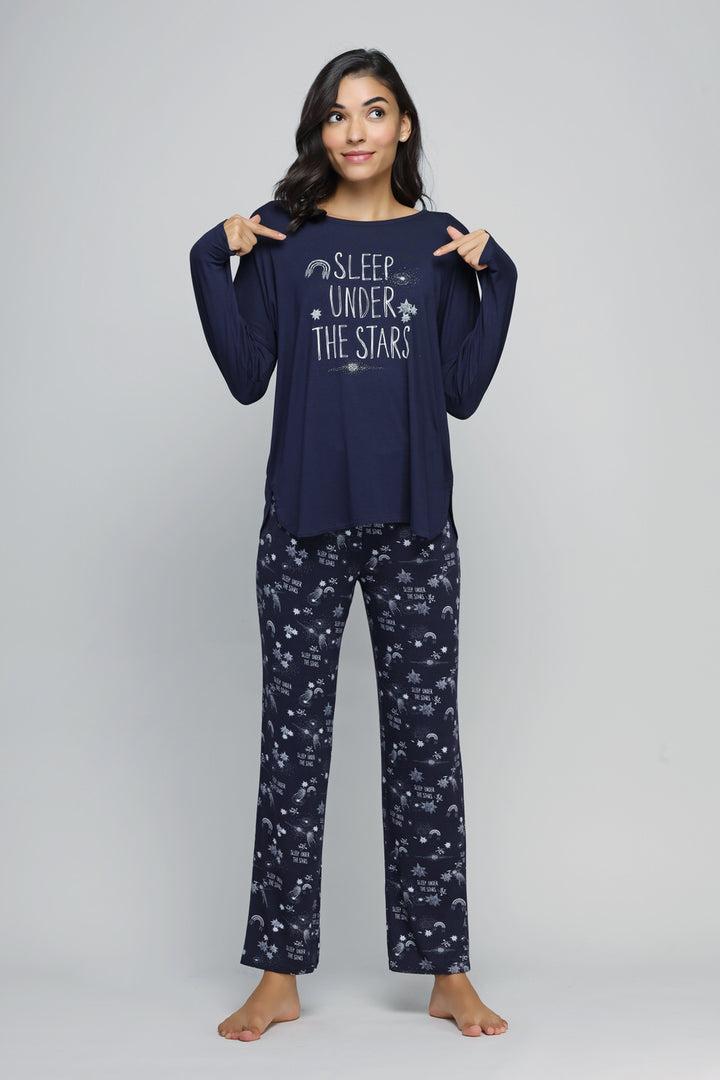 Starry Night Pajama Set featuring "Sleep Under the Stars" design.