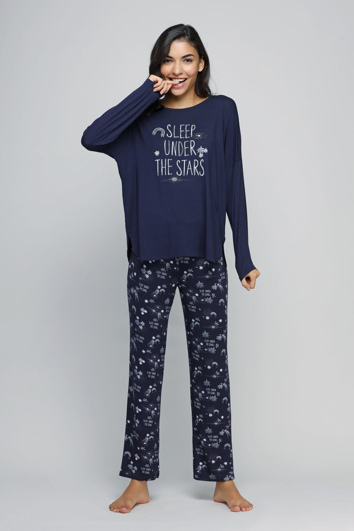 Starry Night Pajama Set featuring "Sleep Under the Stars" design.