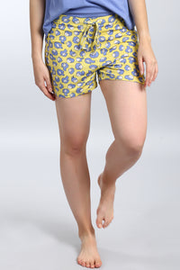 Happy Girl Shorts in yellow with playful patterned design.