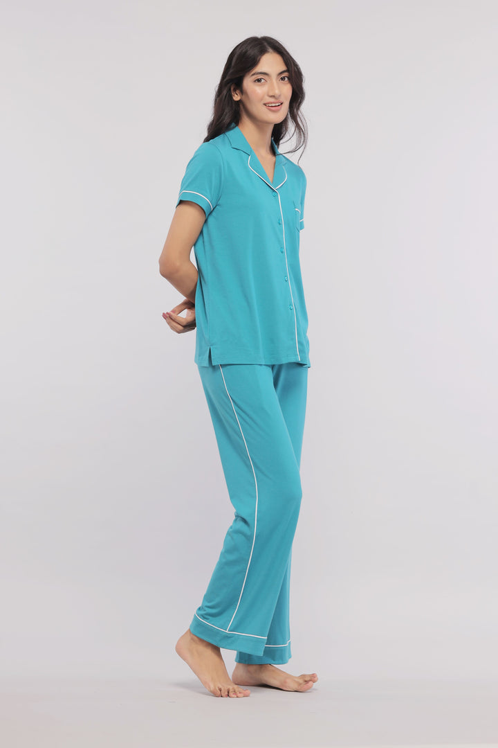 Teal Half Sleeve Button Down Pajama Set