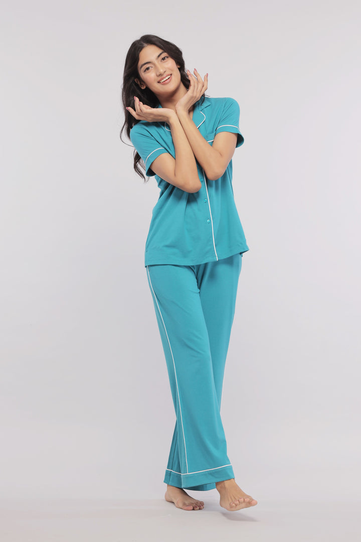 Teal half sleeve button down pajama set for women, stylish and comfortable.