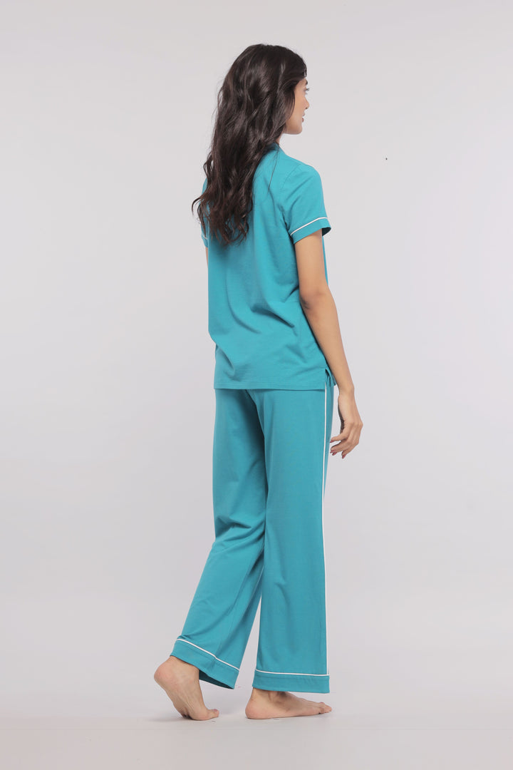 Teal half sleeve button down pajama set for comfortable sleepwear.