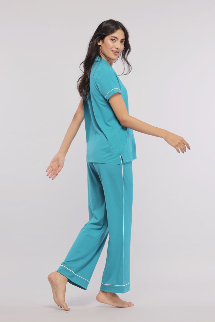 Teal half sleeve button-down pajama set for women, stylish and comfortable.