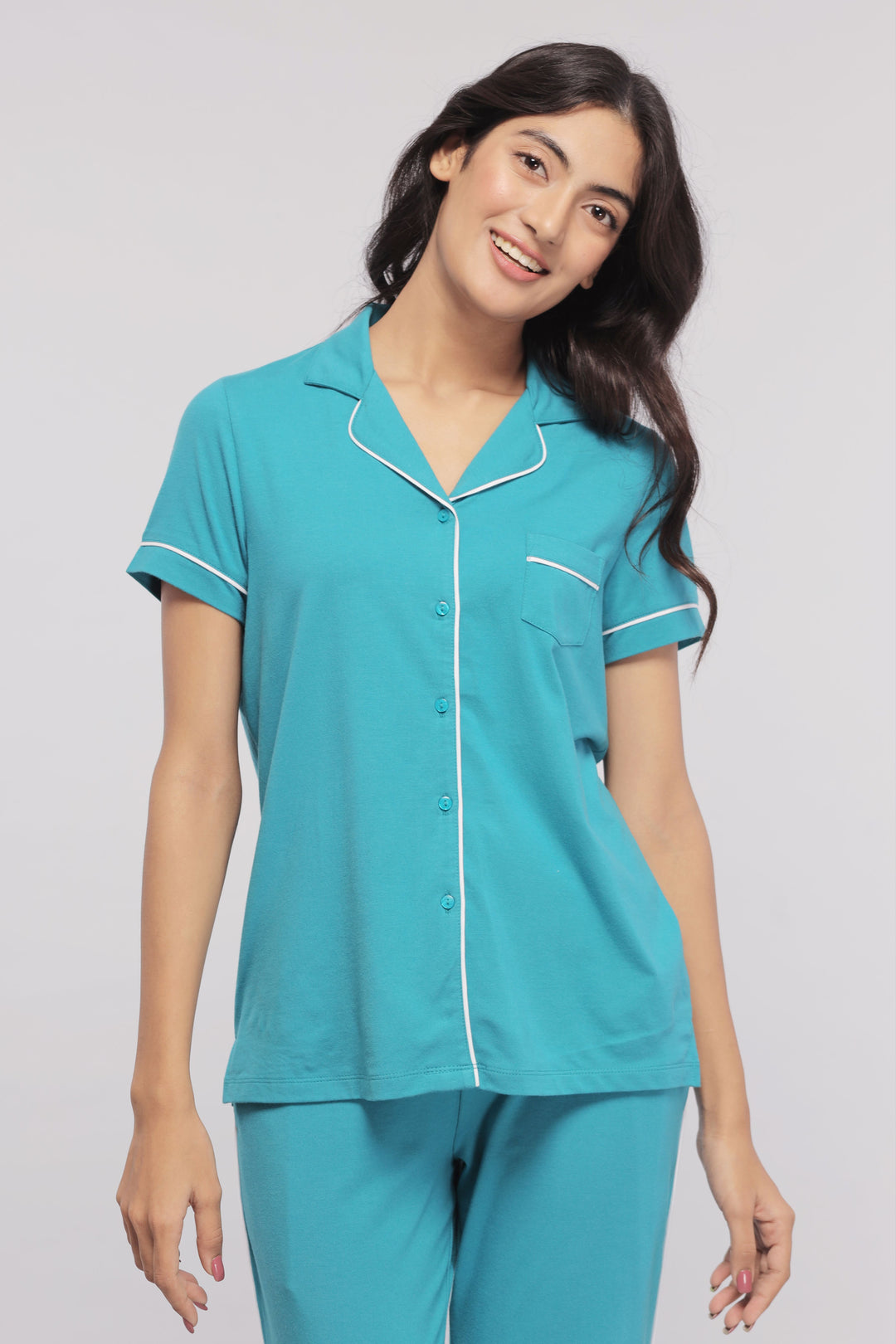 Teal half sleeve button down pajama set for comfortable sleepwear.