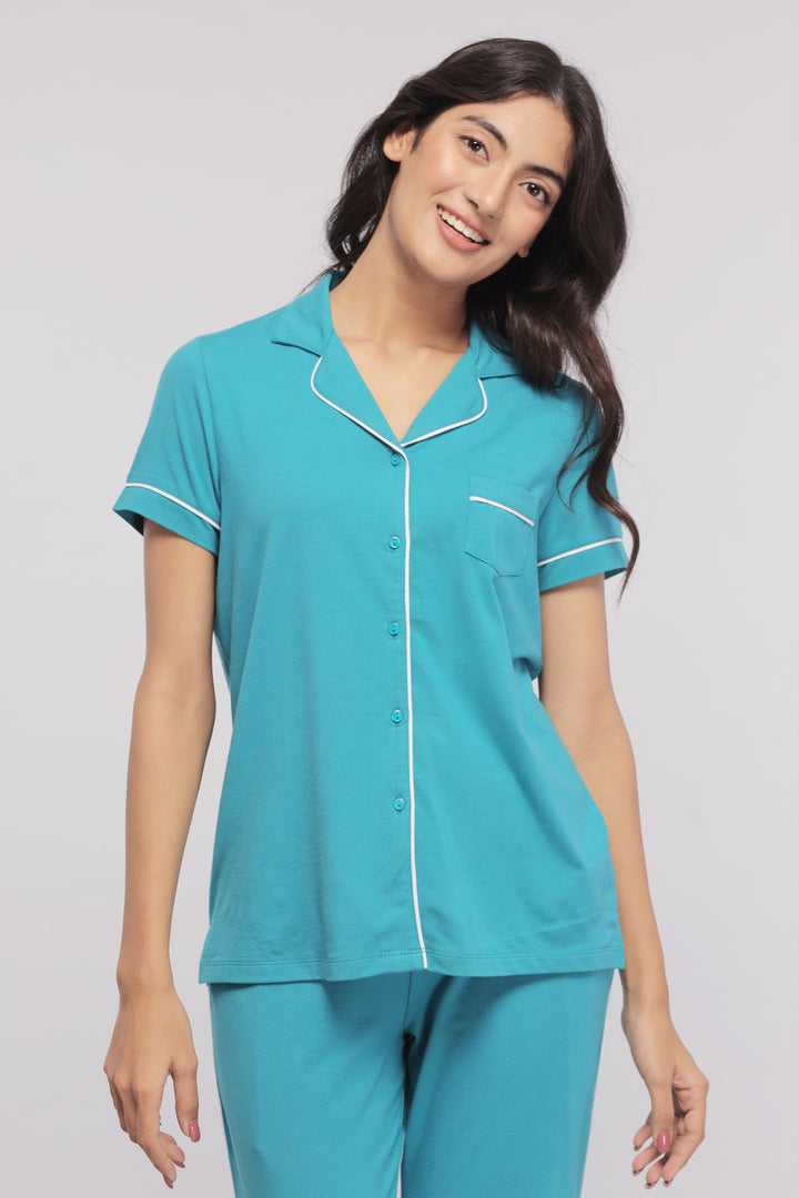 Teal half sleeve button down pajama set for comfortable sleepwear.