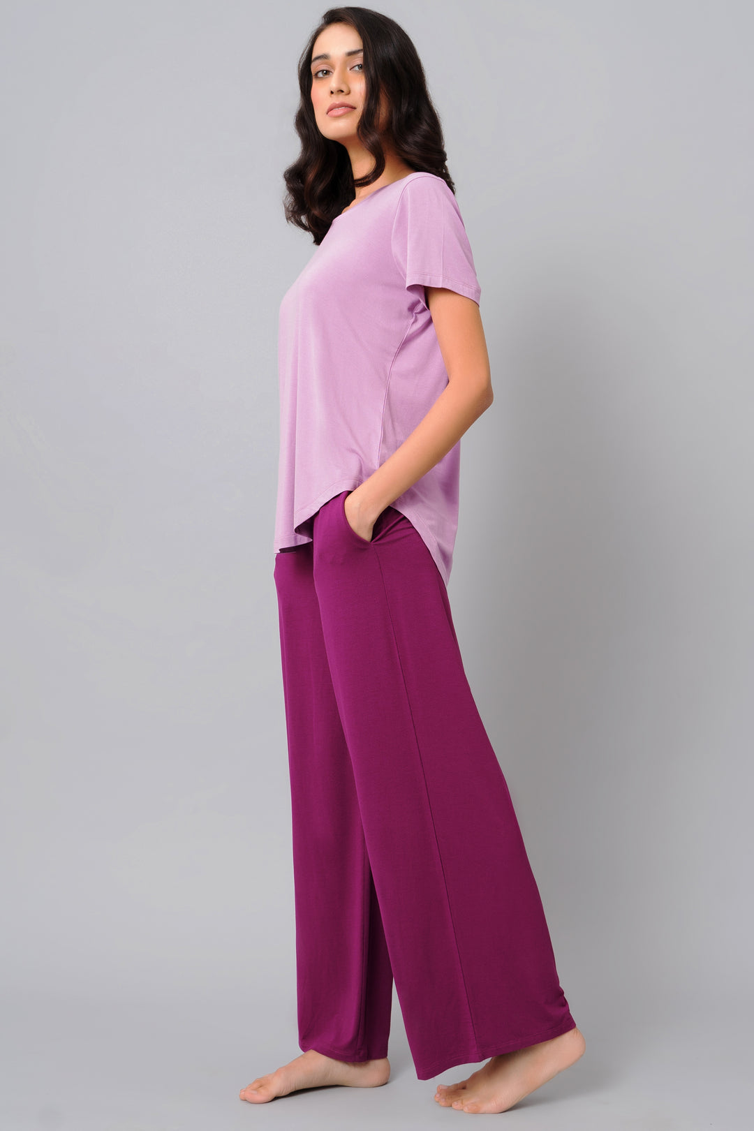 Soothing Purple Top with comfortable loose-fitting pants for relaxation.