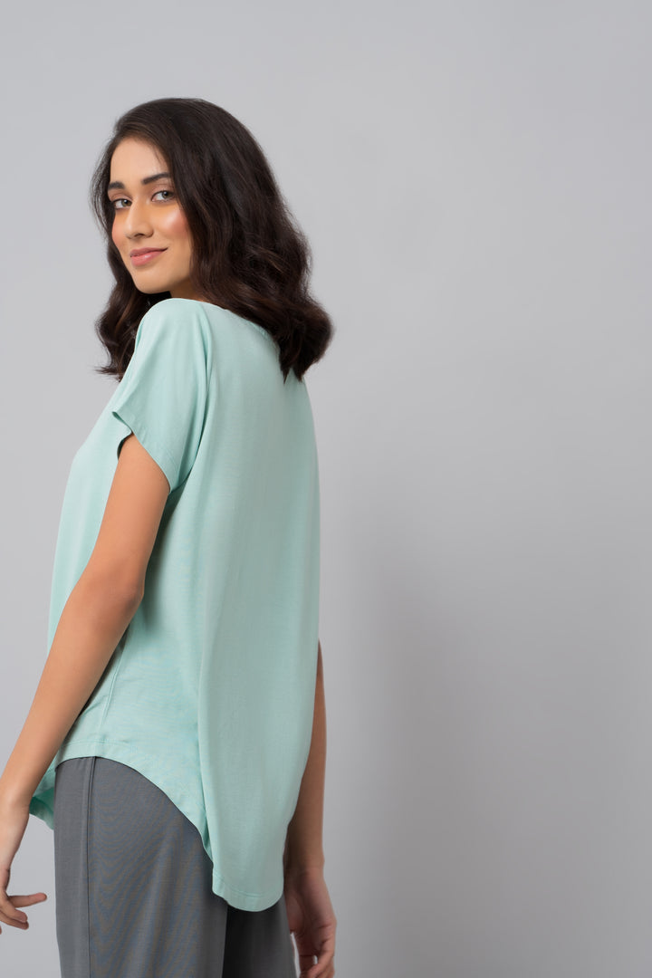 Model showcasing Grey Pearl Straight Lounge Set with casual elegance.