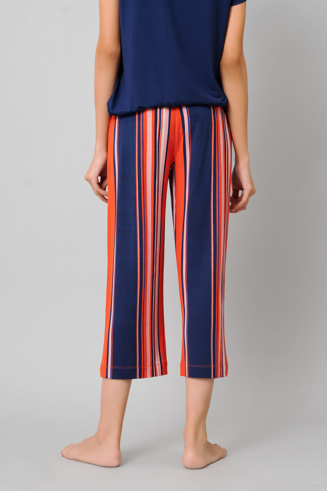 Classic Stripe Capri Set featuring stylish navy and red stripes.