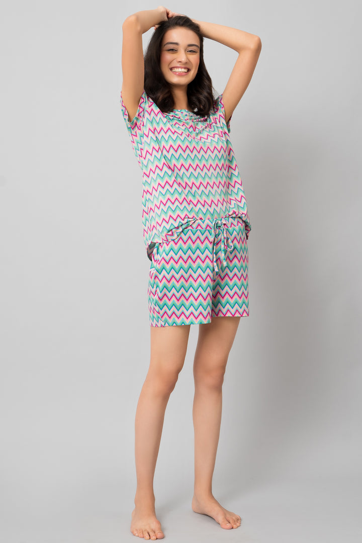 Candy Stripes Shorts Set in vibrant zigzag pattern, perfect for summer wear.